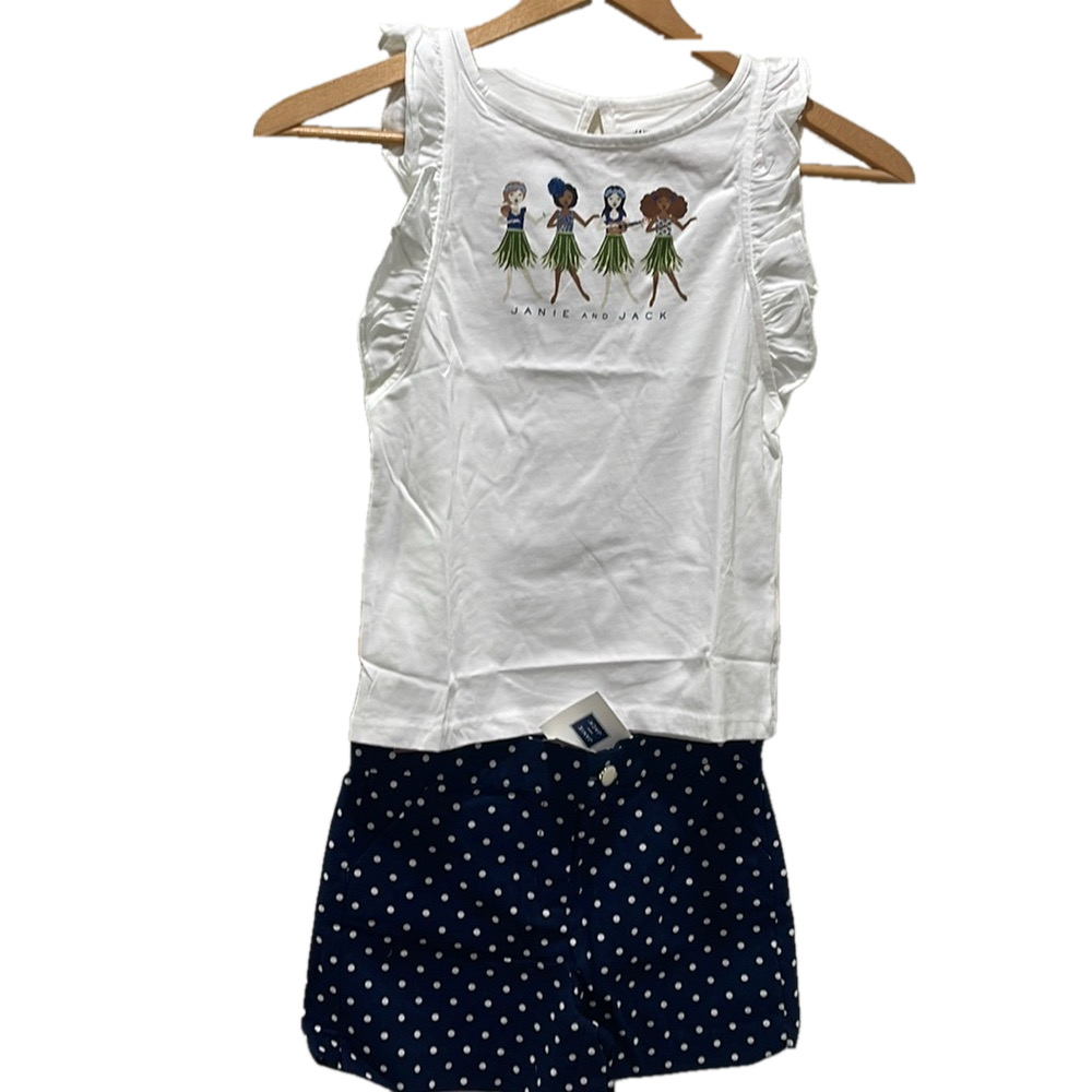 Janie and jack white top&navy blue polka dots shorts SET size 8 NWT
